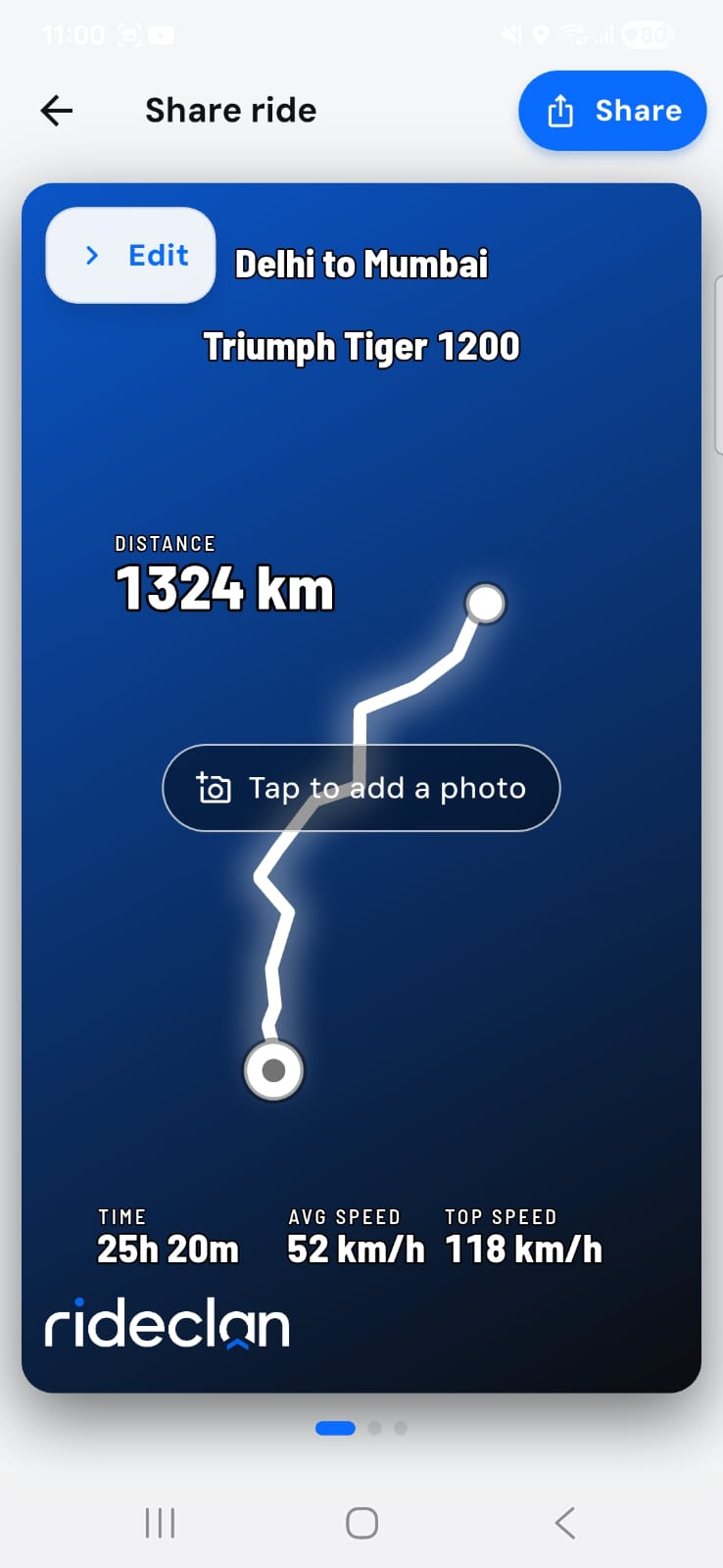 Ride summary with distance, time and route